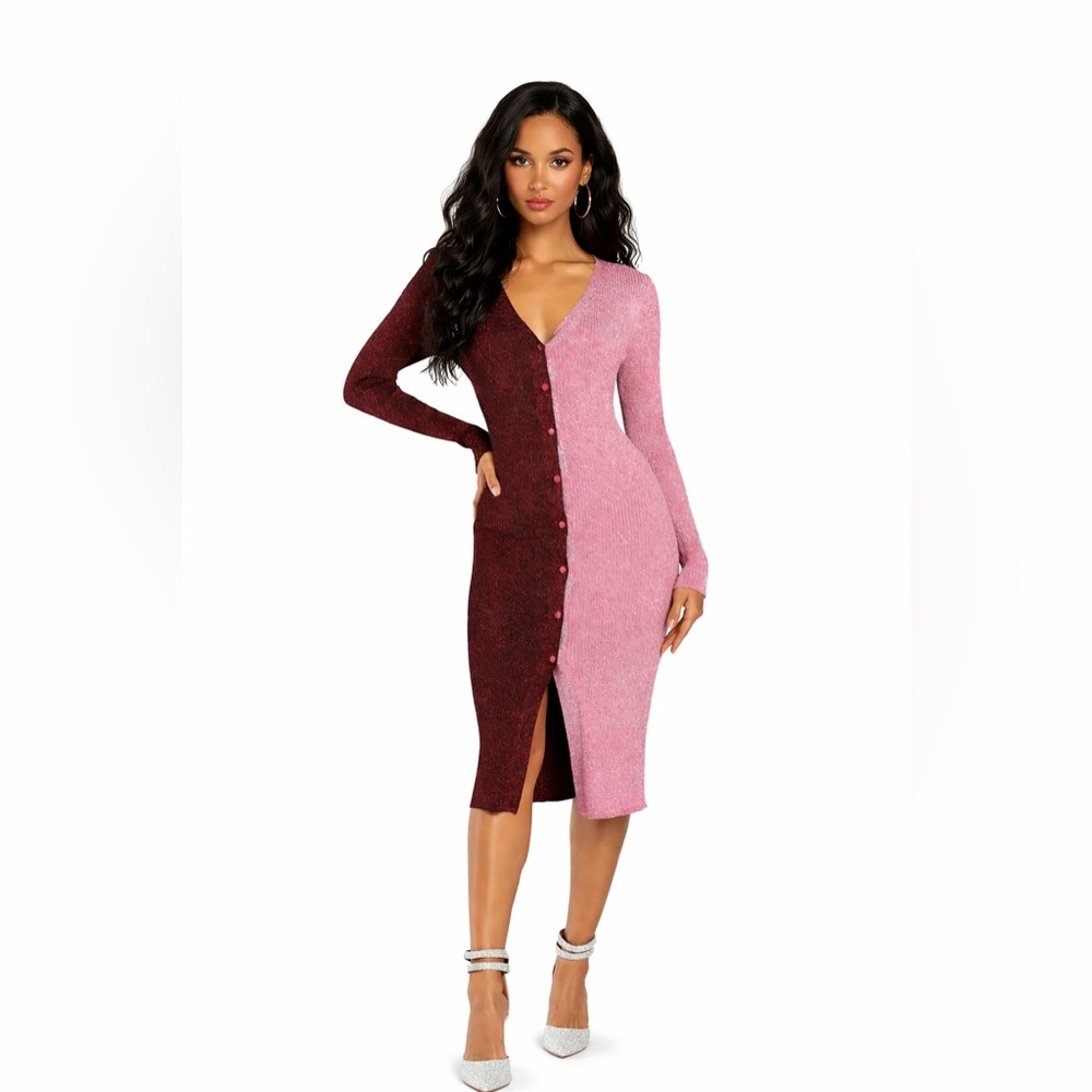 Lulus Extra Gorgeous Shiny Burgundy & Pink Color Block Sweater Dress Size M